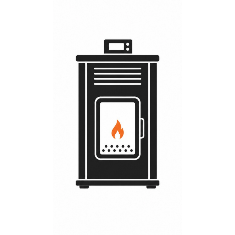 Icône de poêle à granulés utilisée pour illustrer les appareils de chauffage à granulés et leur entretien.